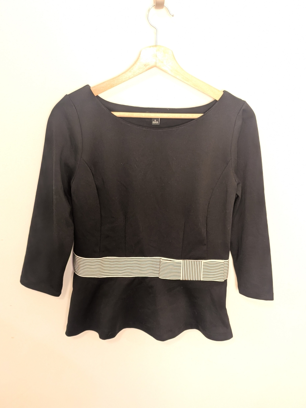 Ann Taylor Black Peplum 3/4 Sleeve Blouse with Striped Bow Accent At Waist S